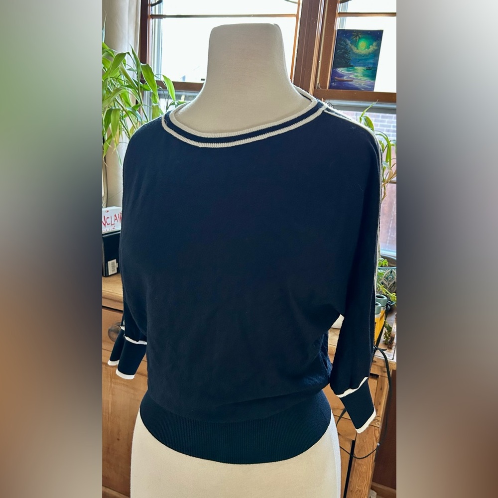 Premise Navy and White Boat Neck Sweater w/Dolman Sleeves